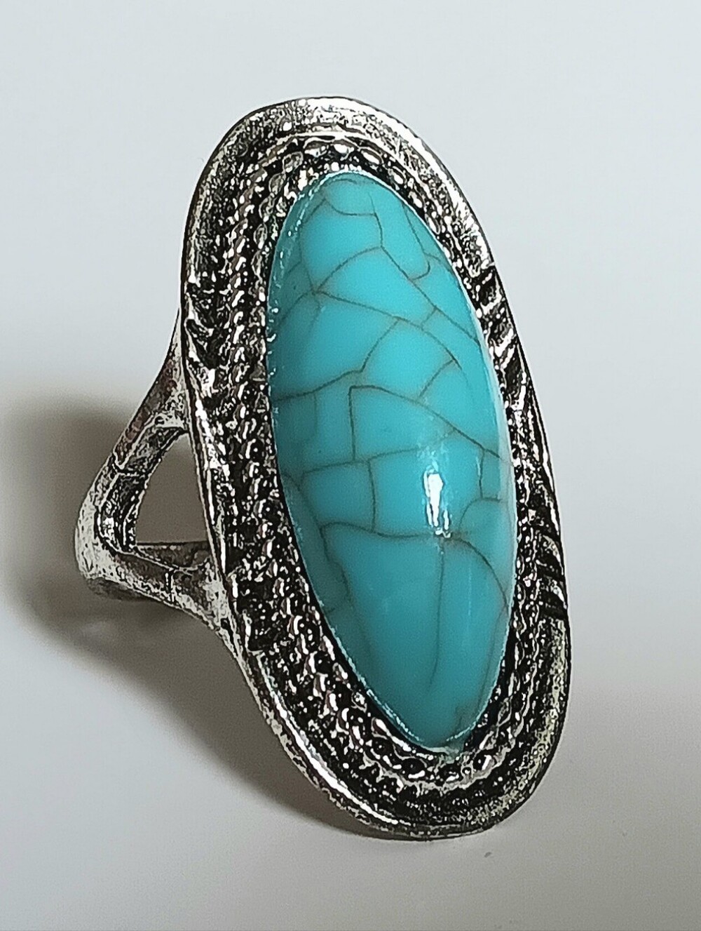 Silver Turquoise Oval Statement Ring - Women Jewelry - Picture 5 of 6